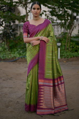 Mahendi Green Raw Silk Zari Woven Saree