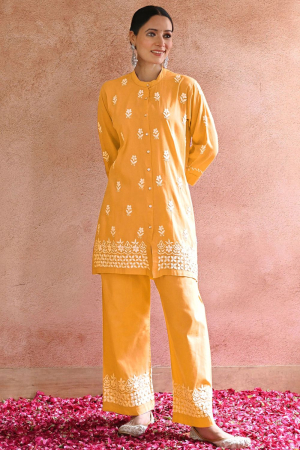 Maize Yellow Embroidered Rayon Co-Ord Set