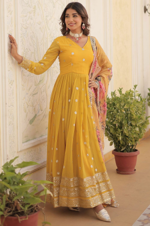 Maize Yellow Faux Georgette Anarkali Gown with Dupatta