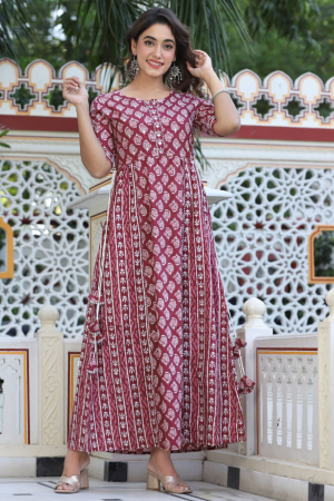 Maroon Cotton Readymade Gown