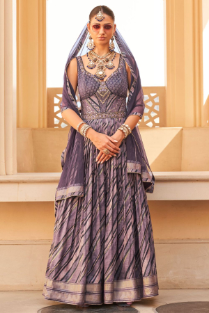 Mauve Designer Silk Gown with Net Dupatta