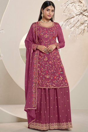 Mauve Pink Floral Embroidered Sharara Suit Set