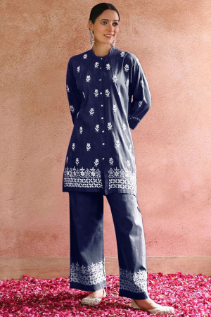 Midnight Blue Embroidered Rayon Co-Ord Set
