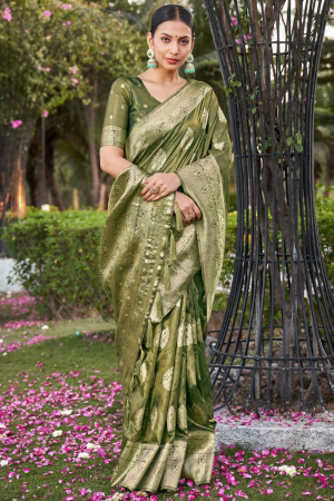 Moss Green Woven Shimmer Silk Saree