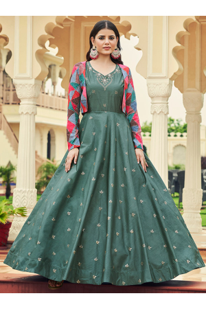 Moss Grey Embroidered Cotton Flared Gown
