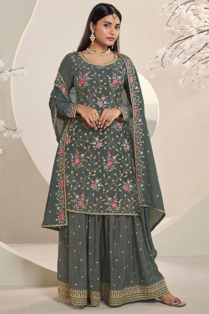 Moss Grey Floral Embroidered Sharara Suit Set