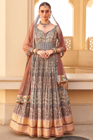 Multicolor Designer Silk Gown with Net Dupatta
