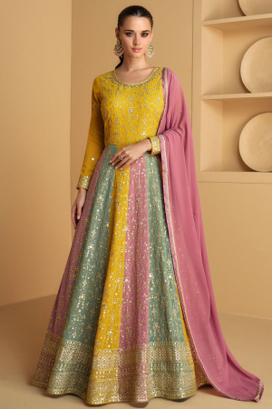 Multicolor Embroidered Georgette Anarkali Gown with Dupatta