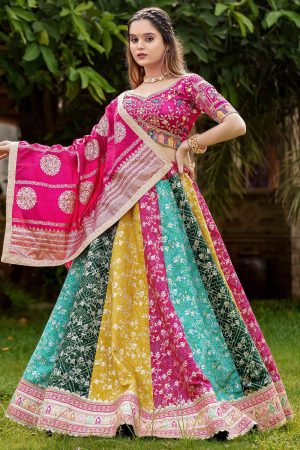 Multicolor Embroidered Satin Chaniya Choli for Women