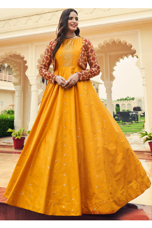 Mustard Yellow Embroidered Cotton Flared Gown