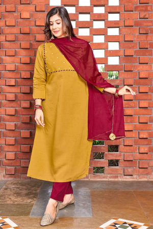 Mustard Yellow Polyester Readymade Suit