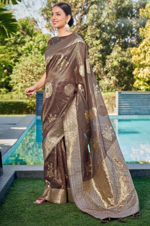 Oak Brown Woven Shimmer Silk Saree