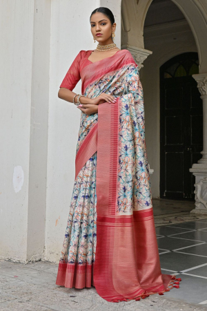Off White Banarsi Silk Zari Woven Printed Saree 
