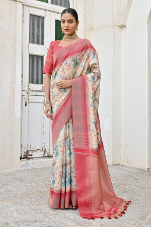 Off White Banarsi Silk Zari Woven Printed Saree 