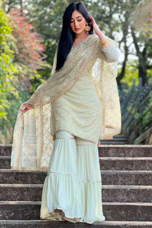 Off White Embroidered Faux Georgette Sarara Kameez
