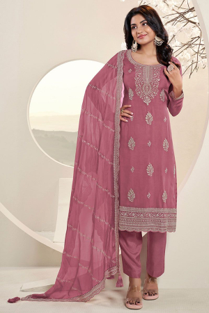 Old Rose Pink Lucknowi Embroidery Kurta Suit Set