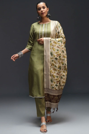 Olive Green Cotton Silk Blend Readymade Suit