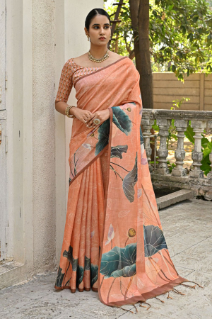 Orange Cotton Silk Floral Printed Saree