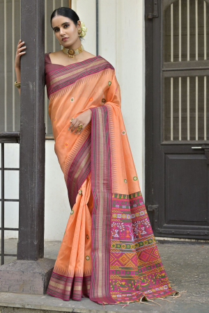 Orange Handloom Raw Silk Woven Saree
