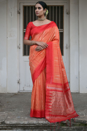 Orange Raw Silk Zari Woven Saree