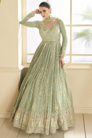 Pastel Green Embroidered Viscose Jacquard Gown with Dupatta