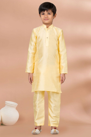 Pastel Yellow Banarasi Dupion Silk Kids Kurta Set