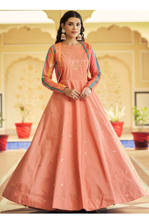 Peach Embroidered Cotton Flared Gown
