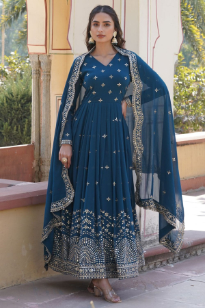Peacock Blue Embroidered Faux Georgette Gown with Dupatta