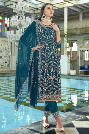 Peacock Blue Embroidered Faux Georgette Pant Kameez