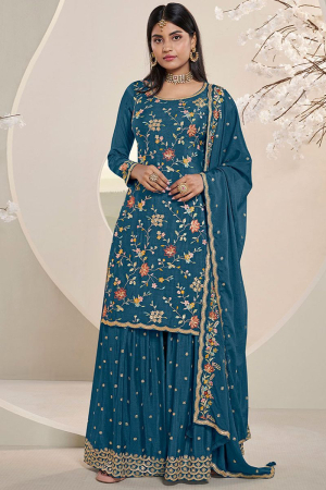 Peacock Blue Floral Embroidered Sharara Suit Set