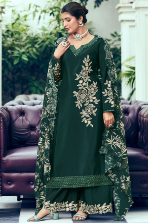 Pine Green Embroidered Chinnon Palazzo Kameez