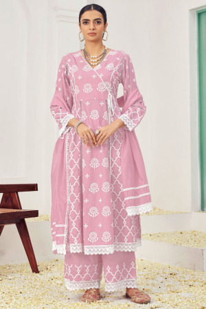 Pink Cotton Embroidered Palazzo Kameez Suit