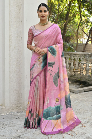 Pink Cotton Silk Floral Printed Saree