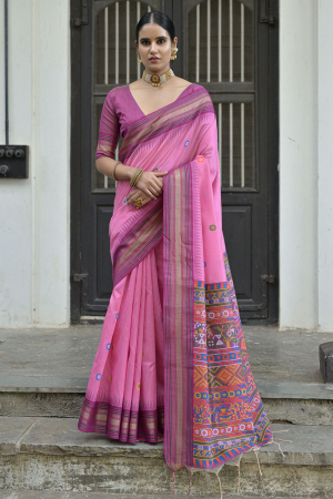 Pink Handloom Raw Silk Woven Saree
