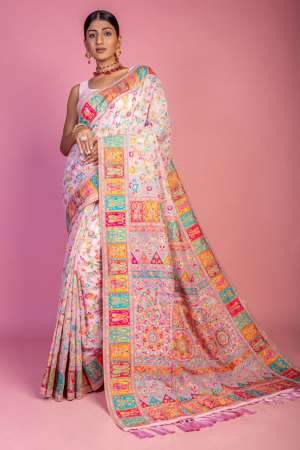 Pink Kashmiri Pashmina Handloom Weaving Work Saree