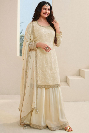 Prachi Desai Off White Floral Pattern Embroidered Sharara Suit Set