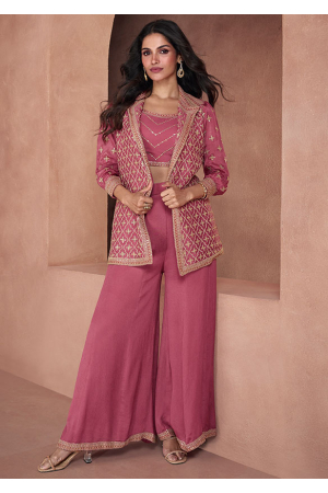 Puce Pink Embroidered Chinnon Silk Indo Western