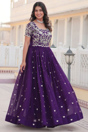 Purple Embroidered Faux Georgette Gown
