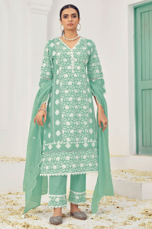 Rama Green Cotton Embroidered Pant Kameez Suit