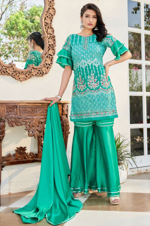 Rama Green Embroidered Cotton Readymade Sarara Kameez