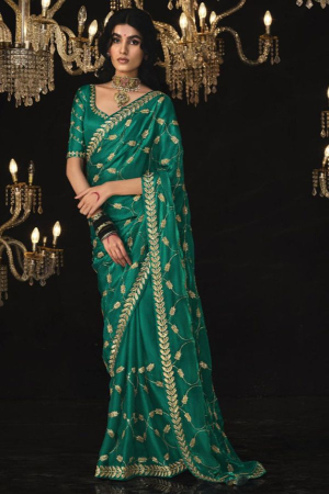 Rama Green Embroidered Designer Saree for Ceremonial