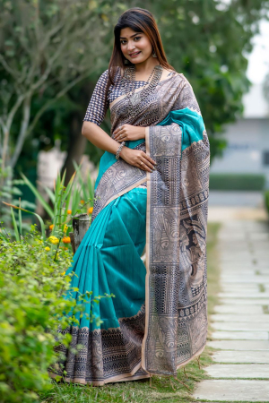 Rama Green Soft Tussar Silk Zari Woven Saree