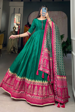 Rama Green Tussar Silk Foil Printed Anarkali Gown with Dupatta