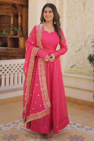 Rani Pink Flared Silk Gown with Embroidered Dupatta