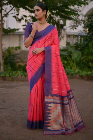 Rani Pink Raw Silk Zari Woven Saree