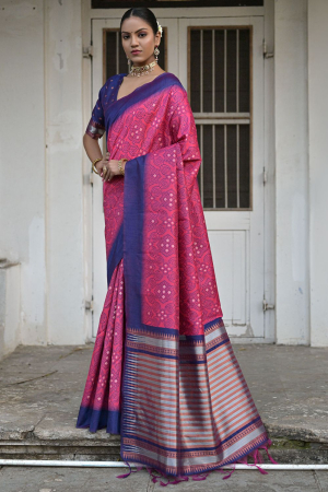 Rani Pink Raw Silk Zari Woven Saree
