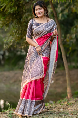 Rani Pink Soft Tussar Silk Zari Woven Saree