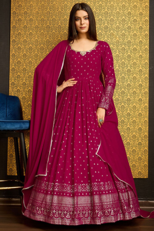 Raspberry Pink Faux Georgette Flared Anarkali Gown with Dupatta