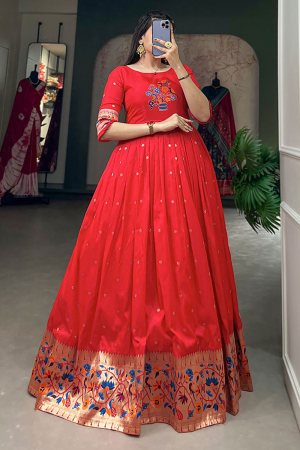 Red Jacquard Silk Anarkali Gown
