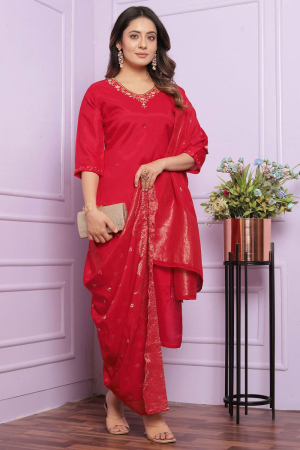 Red Readymade Pant Kameez Suit